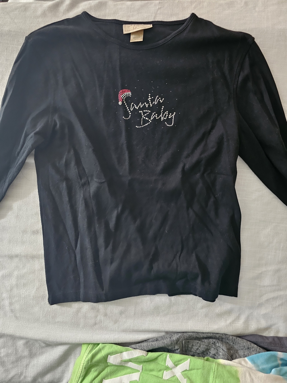 Santa Baby Black Long-Sleeve Tee with Rhinestone Accent